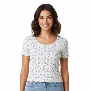 Hollister Womens Medium White Blue Floral Ribbed Knit Ruffle Trim Crew Neck Tee